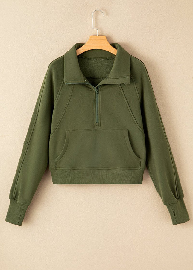 Gray Zip Up Stand Collar Ribbed Thumbhole Sleeve Sweatshirt - Sleekdenim.com