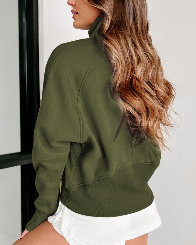 Gray Zip Up Stand Collar Ribbed Thumbhole Sleeve Sweatshirt - Sleekdenim.com