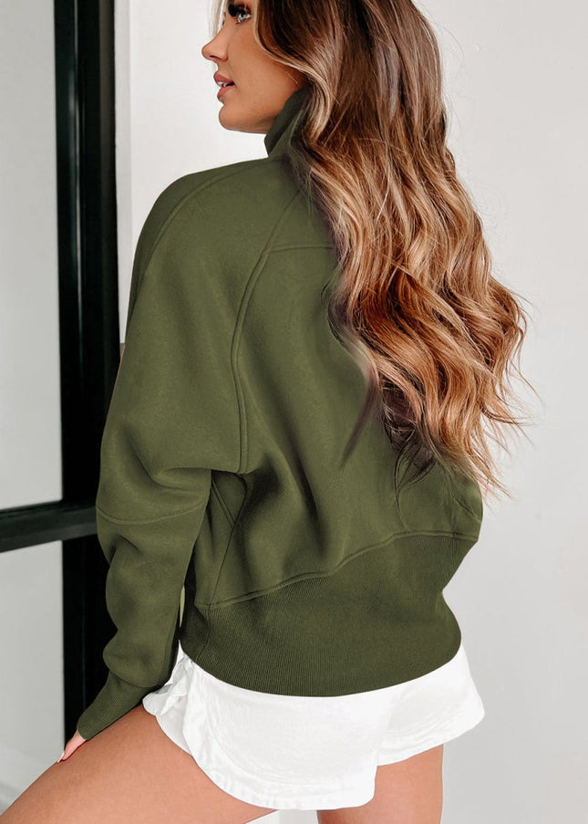 Gray Zip Up Stand Collar Ribbed Thumbhole Sleeve Sweatshirt - Sleekdenim.com