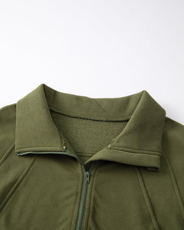 Gray Zip Up Stand Collar Ribbed Thumbhole Sleeve Sweatshirt - Sleekdenim.com