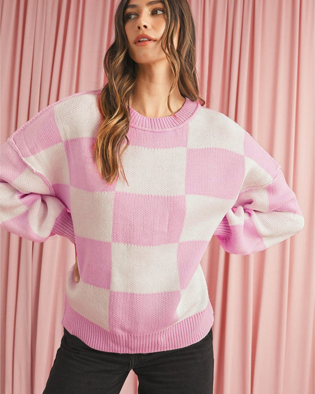 Green Checkered Bishop Sleeve Pullover Sweater - Sleekdenim.com