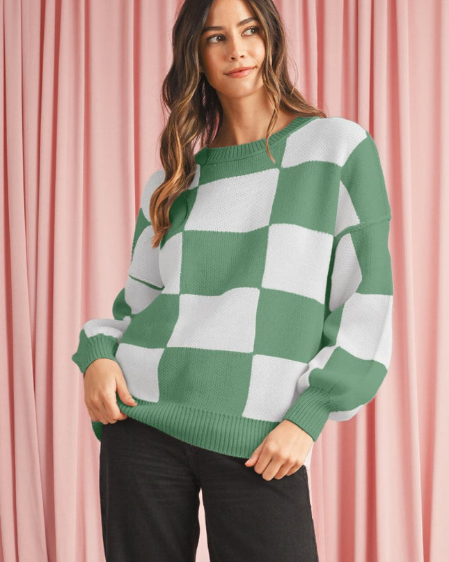 Green Checkered Bishop Sleeve Pullover Sweater - Sleekdenim.com