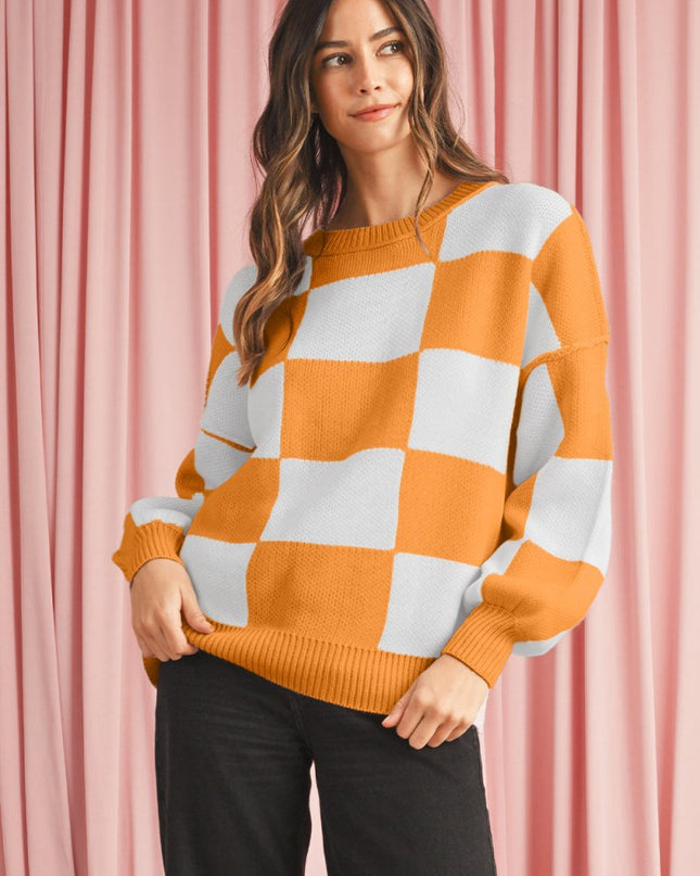 Green Checkered Bishop Sleeve Pullover Sweater - Sleekdenim.com