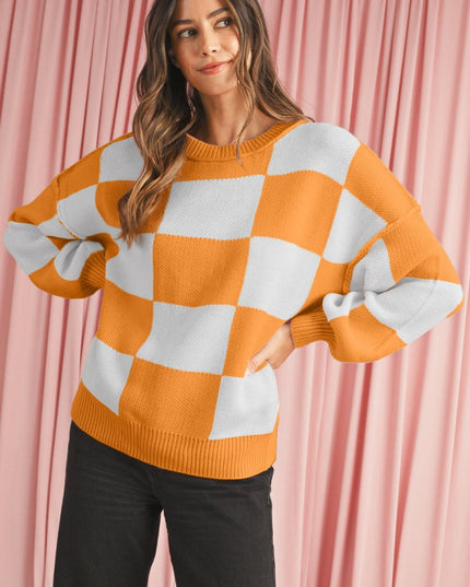 Green Checkered Bishop Sleeve Pullover Sweater - Sleekdenim.com