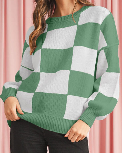 Green Checkered Bishop Sleeve Pullover Sweater - Sleekdenim.com