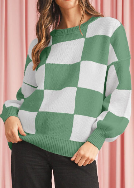 Green Checkered Bishop Sleeve Pullover Sweater - Sleekdenim.com