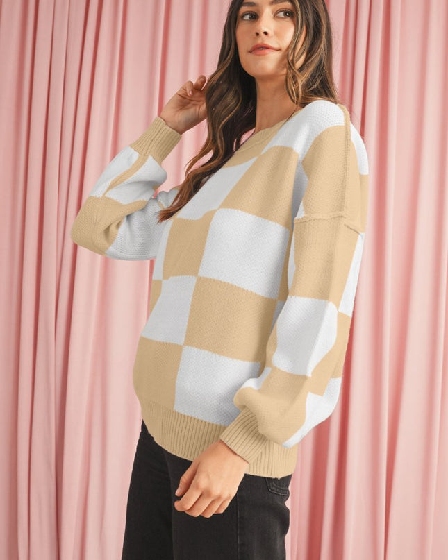 Green Checkered Bishop Sleeve Pullover Sweater - Sleekdenim.com