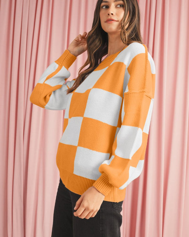 Green Checkered Bishop Sleeve Pullover Sweater - Sleekdenim.com