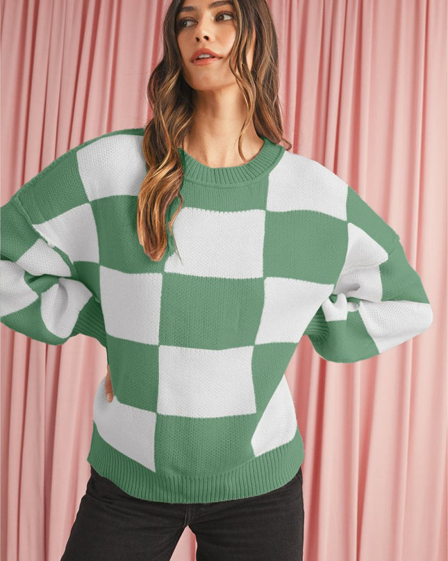 Green Checkered Bishop Sleeve Pullover Sweater - Sleekdenim.com