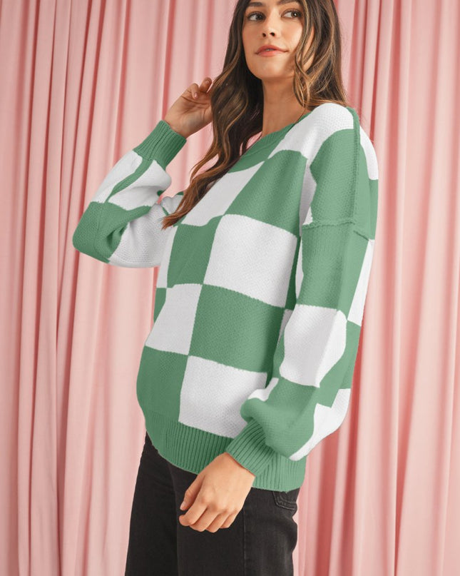 Green Checkered Bishop Sleeve Pullover Sweater - Sleekdenim.com