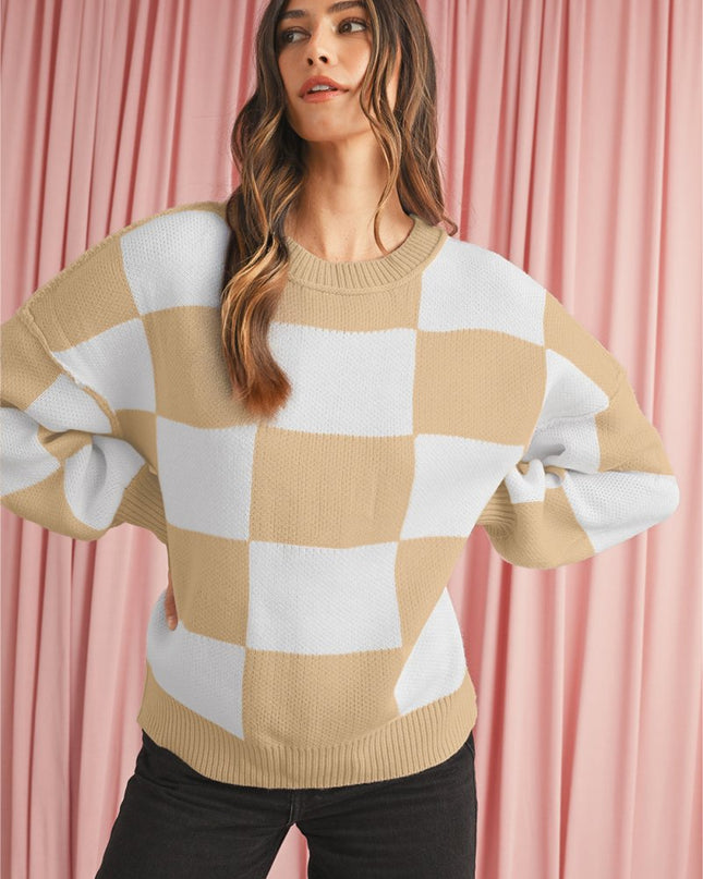 Green Checkered Bishop Sleeve Pullover Sweater - Sleekdenim.com