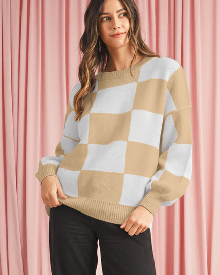 Green Checkered Bishop Sleeve Pullover Sweater - Sleekdenim.com