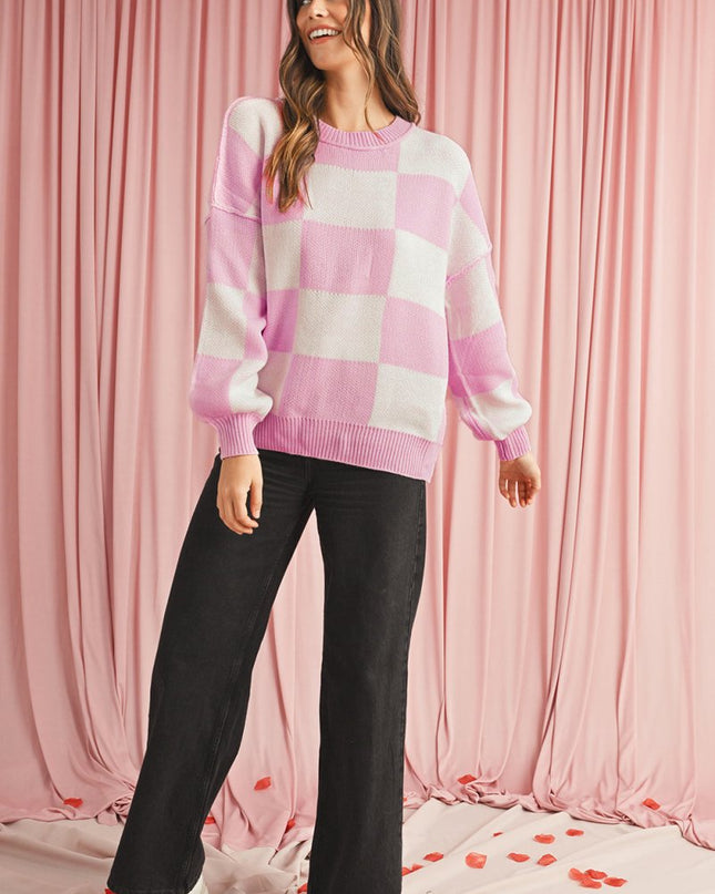 Green Checkered Bishop Sleeve Pullover Sweater - Sleekdenim.com