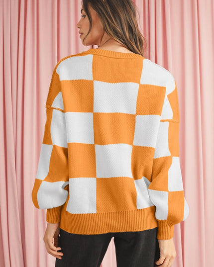 Green Checkered Bishop Sleeve Pullover Sweater - Sleekdenim.com