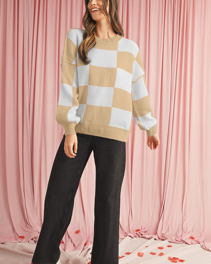 Green Checkered Bishop Sleeve Pullover Sweater - Sleekdenim.com