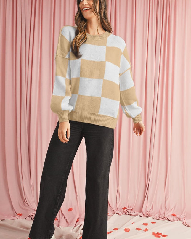 Green Checkered Bishop Sleeve Pullover Sweater - Sleekdenim.com