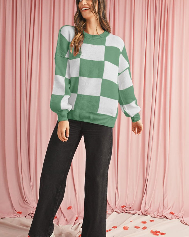 Green Checkered Bishop Sleeve Pullover Sweater - Sleekdenim.com