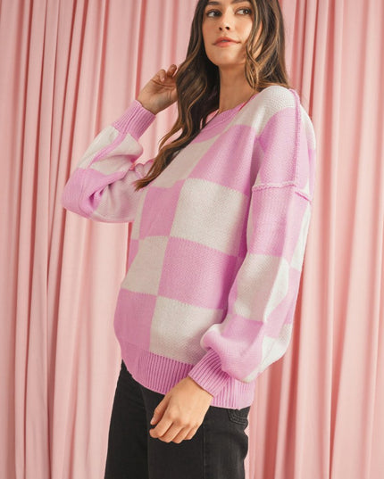 Green Checkered Bishop Sleeve Pullover Sweater - Sleekdenim.com