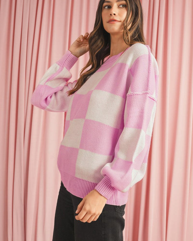 Green Checkered Bishop Sleeve Pullover Sweater - Sleekdenim.com