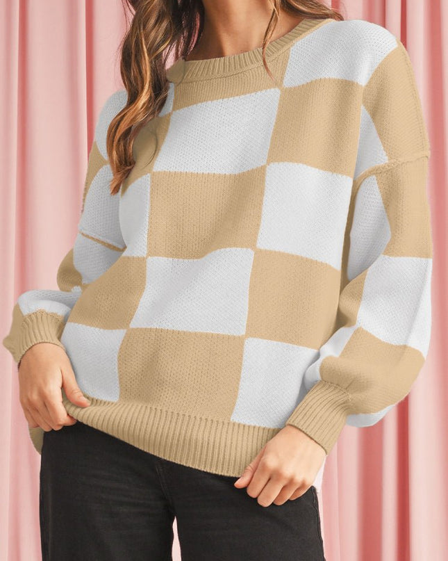 Green Checkered Bishop Sleeve Pullover Sweater - Sleekdenim.com