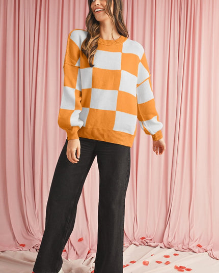 Green Checkered Bishop Sleeve Pullover Sweater - Sleekdenim.com