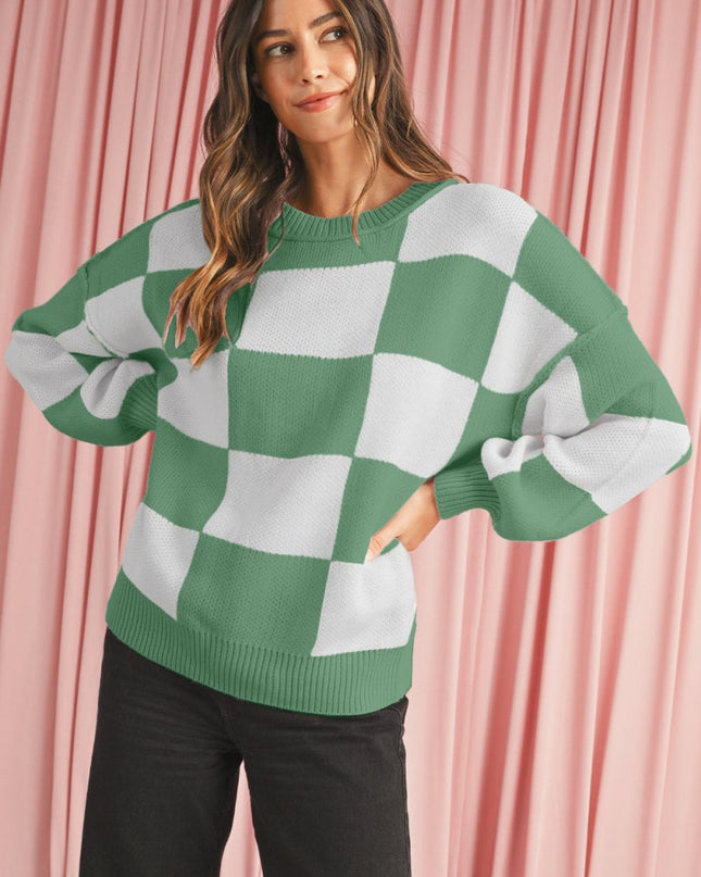 Green Checkered Bishop Sleeve Pullover Sweater - Sleekdenim.com