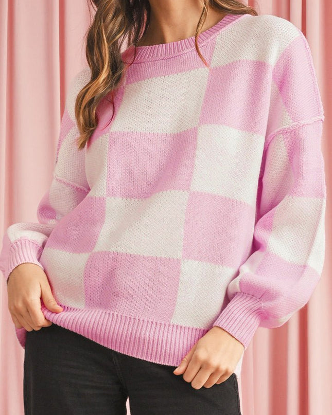 Green Checkered Bishop Sleeve Pullover Sweater - Sleekdenim.com