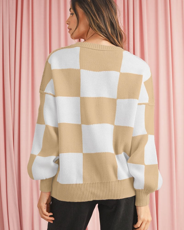 Green Checkered Bishop Sleeve Pullover Sweater - Sleekdenim.com