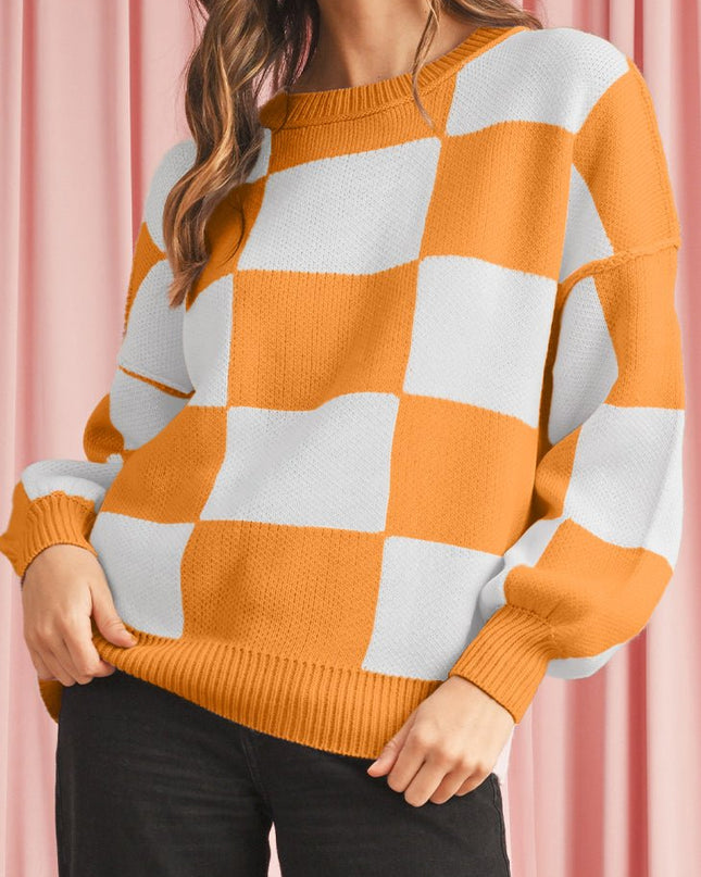 Green Checkered Bishop Sleeve Pullover Sweater - Sleekdenim.com