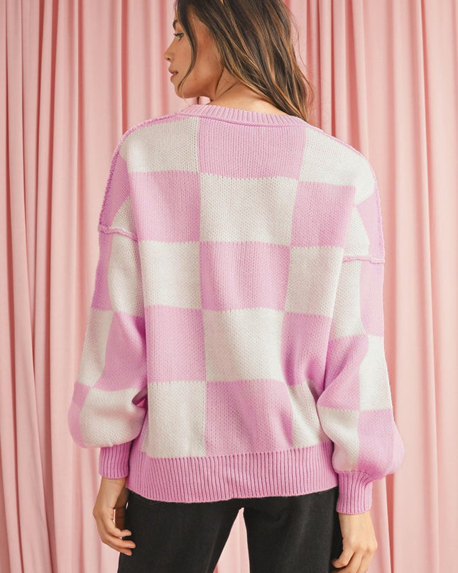 Green Checkered Bishop Sleeve Pullover Sweater - Sleekdenim.com