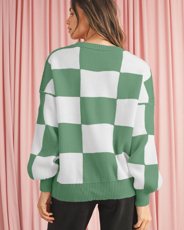 Green Checkered Bishop Sleeve Pullover Sweater - Sleekdenim.com