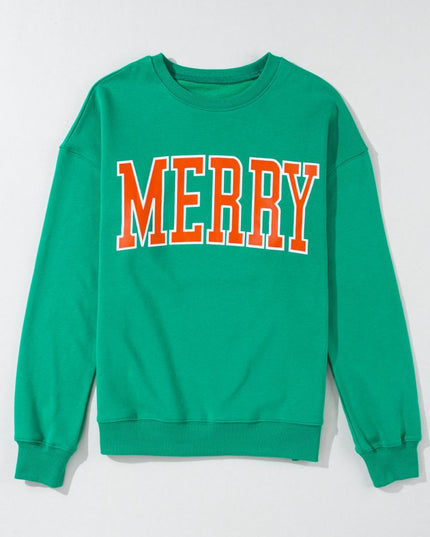Green MERRY Print Drop Sleeve Pullover Sweatshirt - Sleekdenim.com