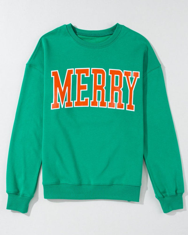 Green MERRY Print Drop Sleeve Pullover Sweatshirt - Sleekdenim.com
