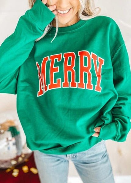 Green MERRY Print Drop Sleeve Pullover Sweatshirt - Sleekdenim.com