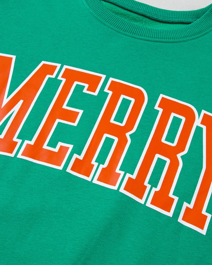 Green MERRY Print Drop Sleeve Pullover Sweatshirt - Sleekdenim.com