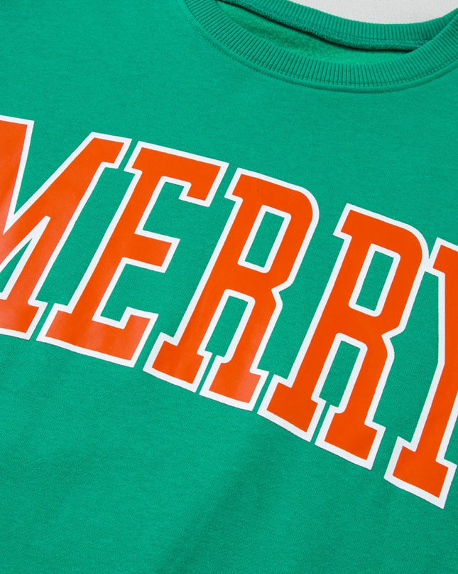 Green MERRY Print Drop Sleeve Pullover Sweatshirt - Sleekdenim.com
