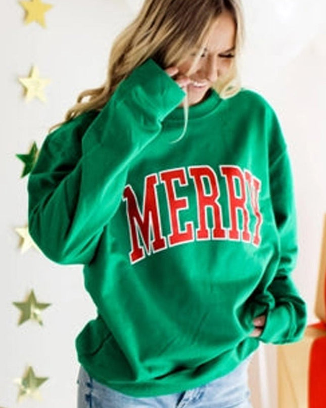 Green MERRY Print Drop Sleeve Pullover Sweatshirt - Sleekdenim.com