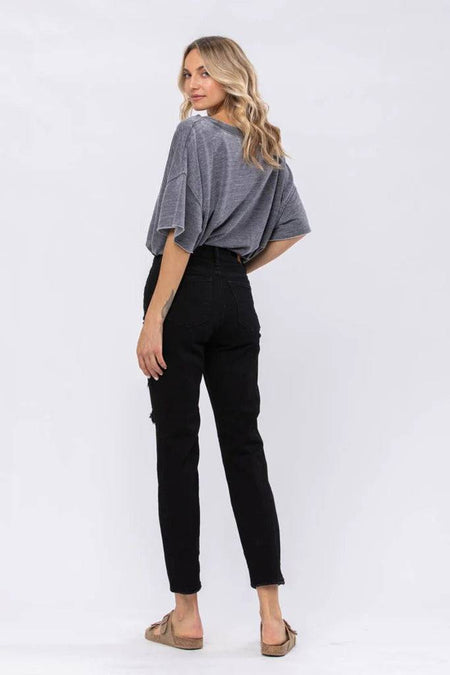 Judy Blue Black High Waist Destroyed Boyfriend Denim Jeans – Sleek Denim Boutique | Sleekdenim.com