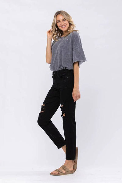 Judy Blue Black High Waist Destroyed Boyfriend Denim Jeans – Sleek Denim Boutique | Sleekdenim.com