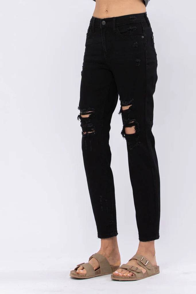 Judy Blue Black High Waist Destroyed Boyfriend Denim Jeans – Sleek Denim Boutique | Sleekdenim.com