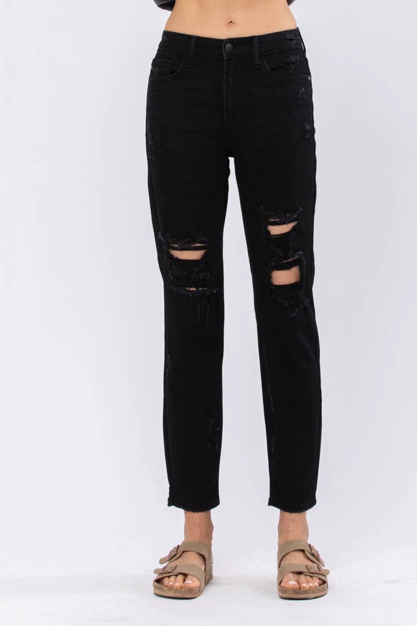 Judy Blue Black High Waist Destroyed Boyfriend Denim Jeans – Sleek Denim Boutique | Sleekdenim.com