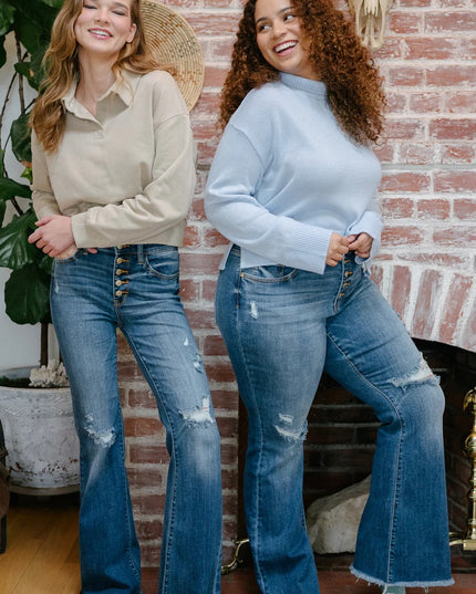 Judy Blue Date Night Dark Wash Button Fly Distressed Trouser Flare Jeans