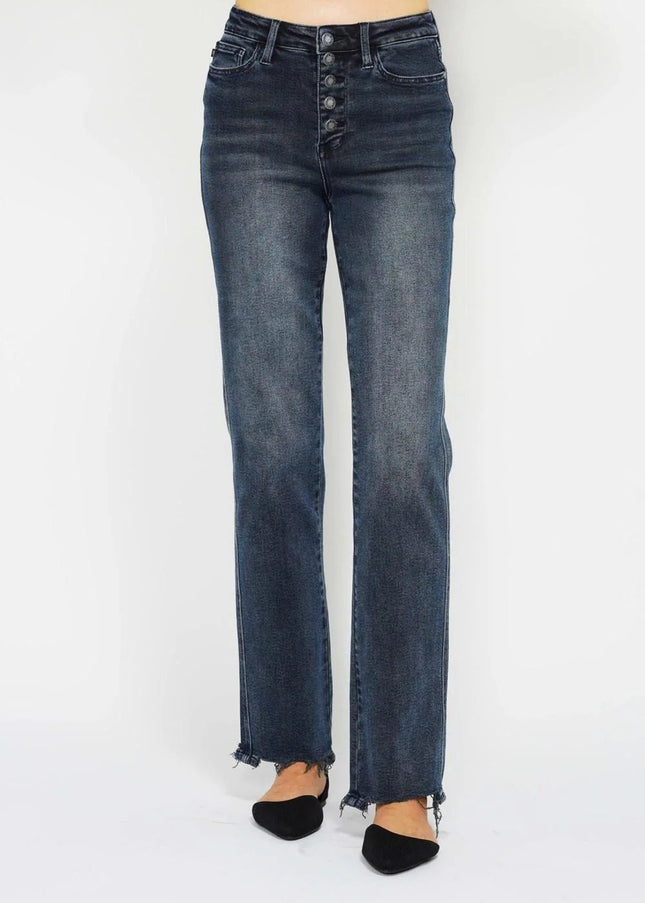 Judy Blue High Waist Button Fly Destroy Hem Straight Denim Jeans 88912