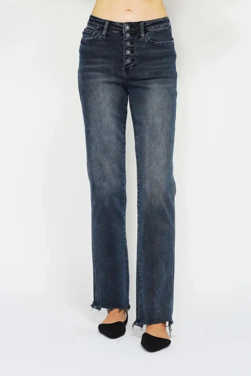 Judy Blue High Waist Button Fly Destroy Hem Straight Denim Jeans 88912 - Sleekdenim.com