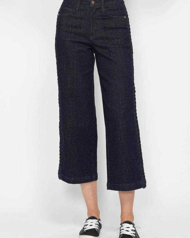 Judy Blue High Waist Side Seam Braid Detail Wide Leg Crop Denim Jeans 88851