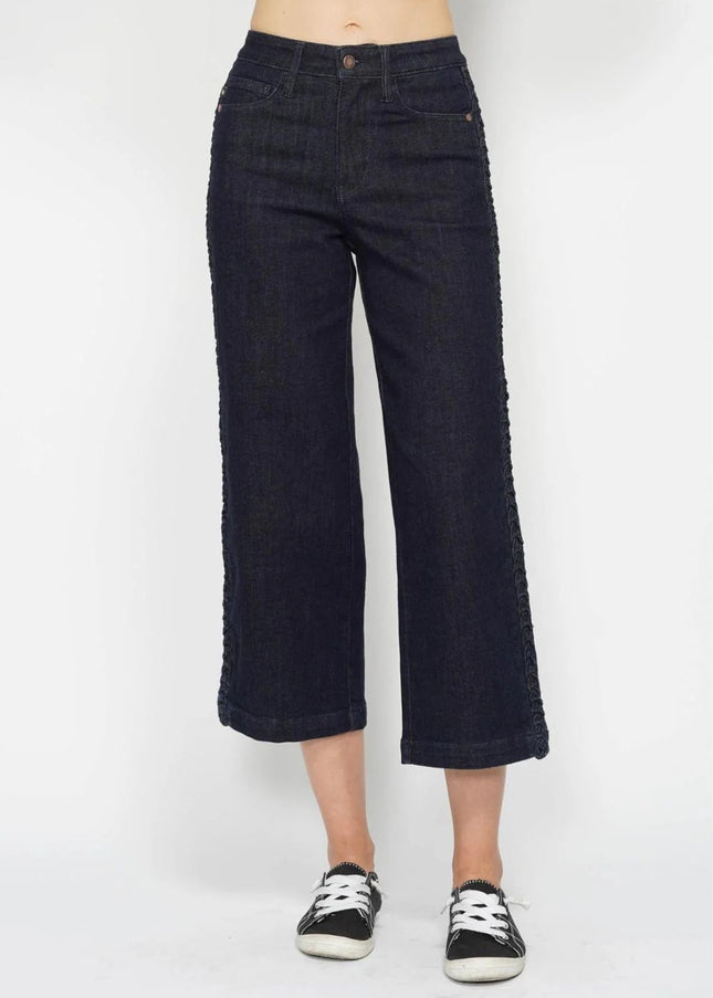 Judy Blue High Waist Side Seam Braid Detail Wide Leg Crop Denim Jeans 88851