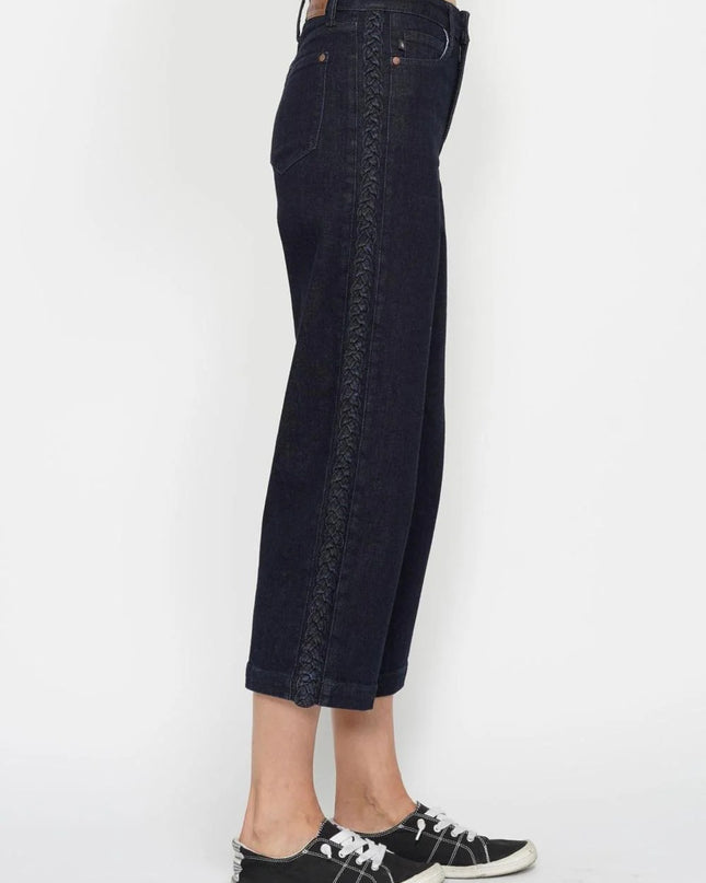 Judy Blue High Waist Side Seam Braid Detail Wide Leg Crop Denim Jeans 88851