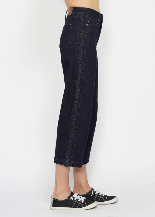 Judy Blue High Waist Side Seam Braid Detail Wide Leg Crop Denim Jeans 88851