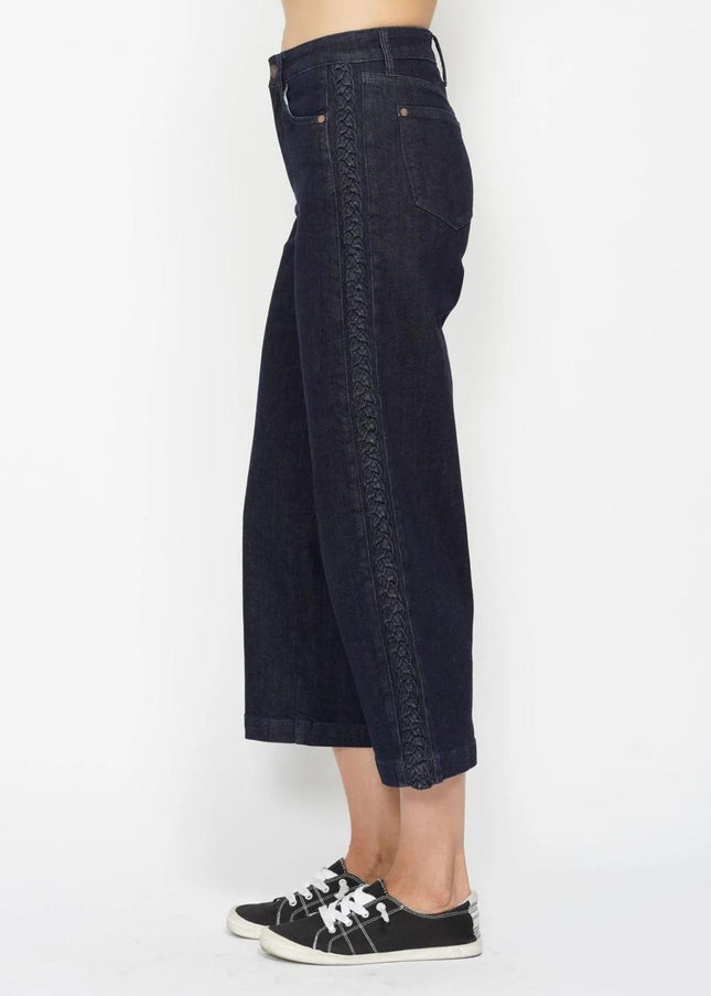 Judy Blue High Waist Side Seam Braid Detail Wide Leg Crop Denim Jeans 88851