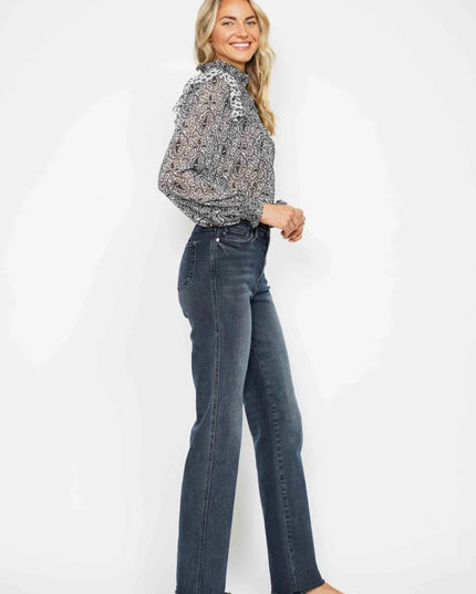 Judy Blue High Waist Button Fly Destroy Hem Straight Denim Jeans 88912